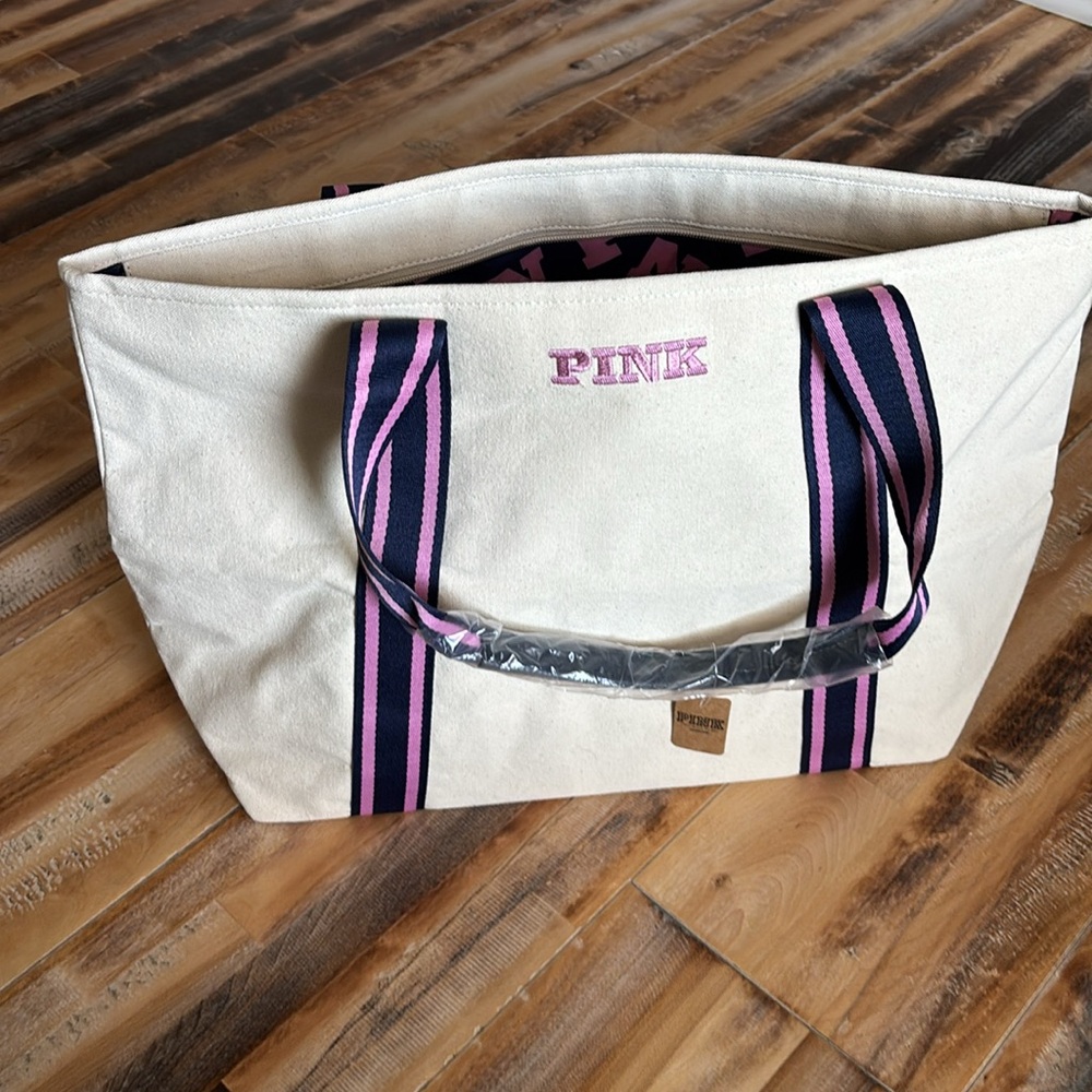 PINK Victoria's Secret Beige Tote with Pink/Lavender & Navy Blue design.